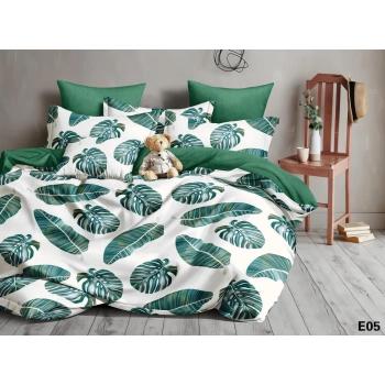 Pościel 200x220 bawełna satynowa biała w zielone liście monstery PK505